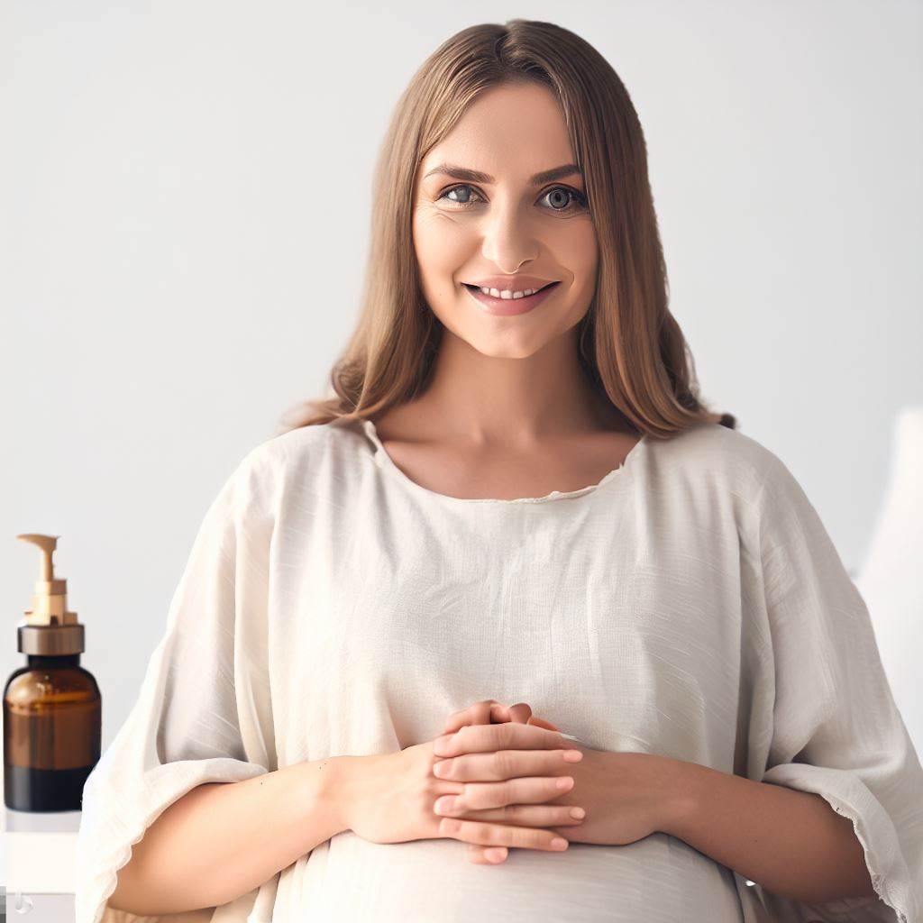 A pregnant woman with hands crossed over her belly, looking down and smiling, with a bottle of Argan oil in the background.