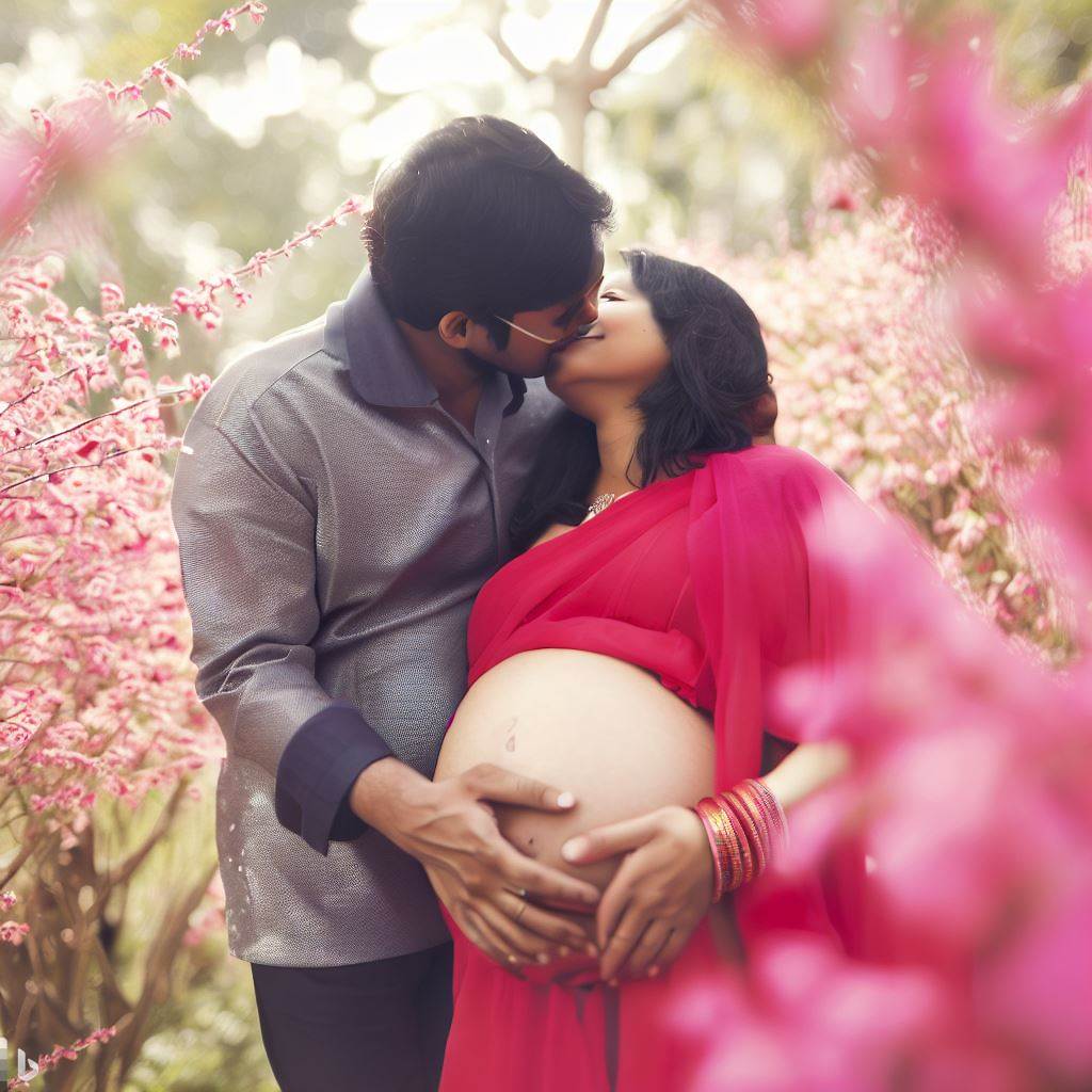 A couple embracing, with the woman cradling her baby bump, surrounded by blooming flowers